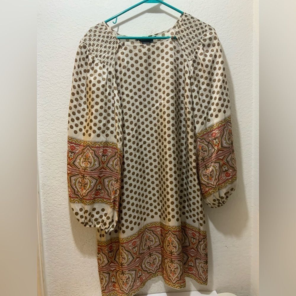 BCBGMAXAZRIA Brown Polka Dot Womens Boho Scarf Dress Size S 100% SILK